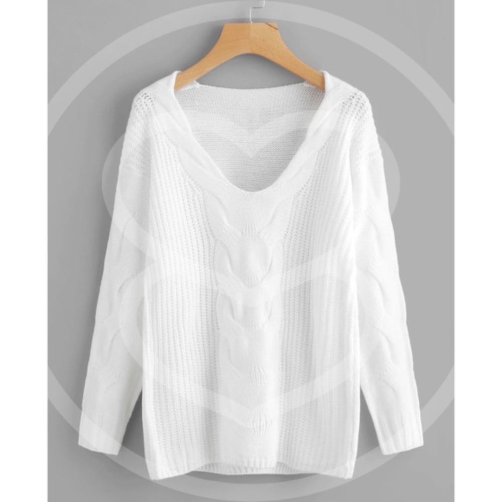 v neck boho chunky knit off white sweater - Picture 2 of 3
